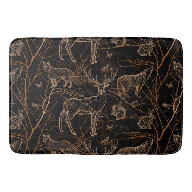 Forest Wildlife Animals Deer Bears Dark Nature Bath Mat (Front)