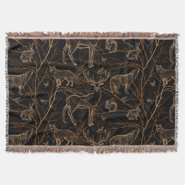 Forest Wildlife Animals Deer Bears Dark Nature Throw Blanket (Front)