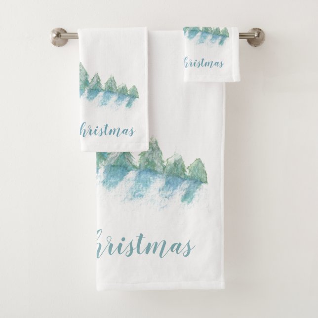 Forest Winter Snow Watercolor Christmas Bath Towel Set (Insitu)