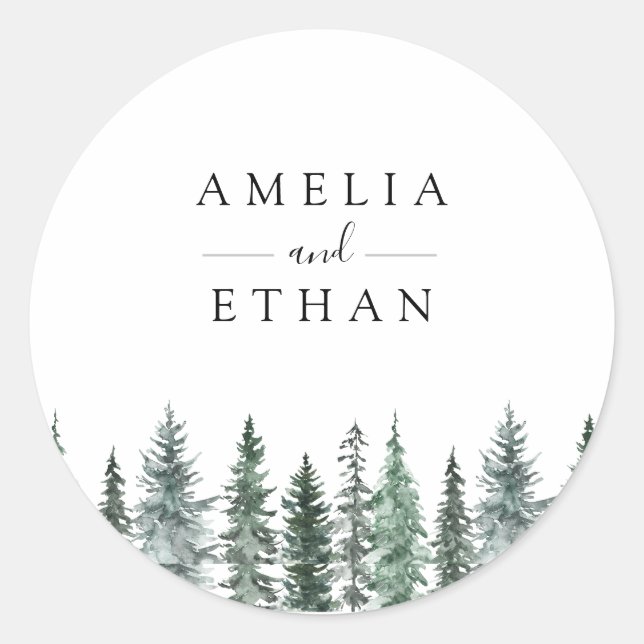 Forest Wintre Watercolor Wedding Classic Round Sticker (Front)