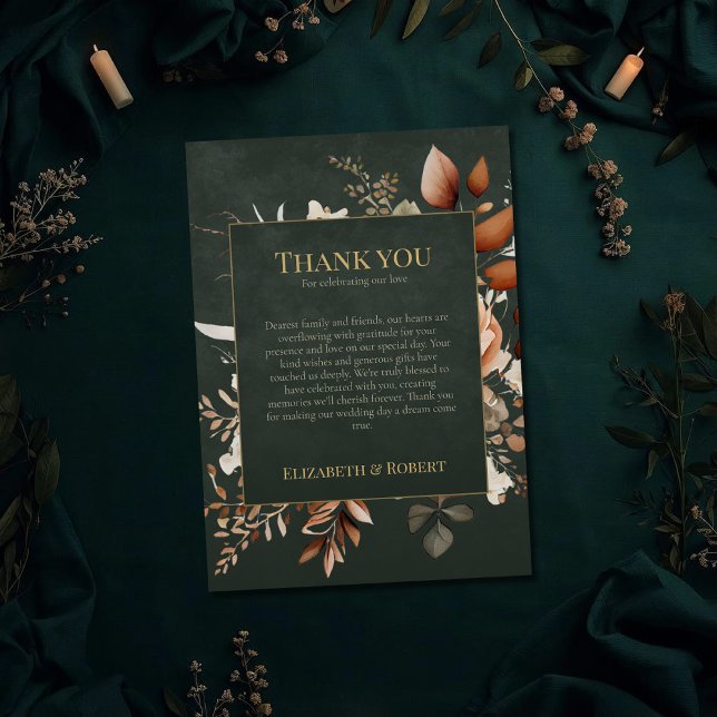 Forest Witch Green Floral Wedding Thank You Card (Forest Witch Green Floral Wedding Thank You Card on a dark witchy wedding table with botanicals)