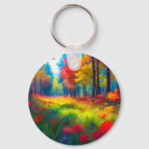 Forest with Colorful Trees And Flowers-47560 Keychain