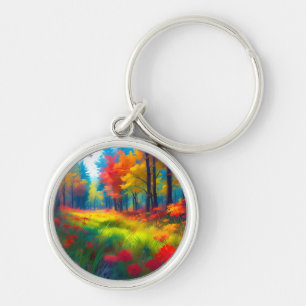 Forest with Colorful Trees And Flowers-47560 Keychain