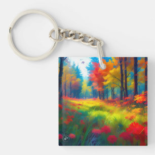 Forest with Colourful Trees And Flowers-47560 Keychain