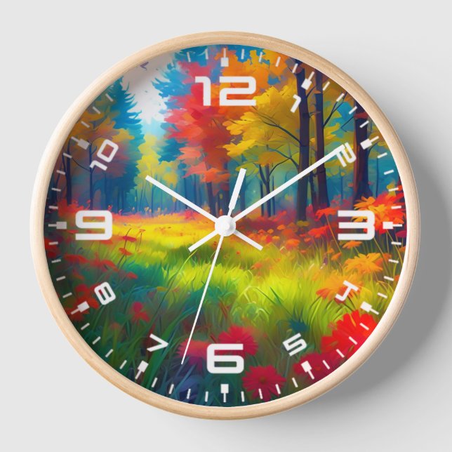Forest with Colourful Trees And Flowers Clock (Front)