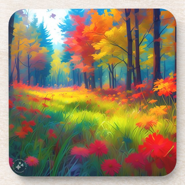 Forest with Colourful Trees And Flowers Coaster (Front)