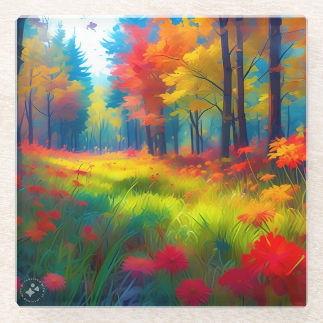 Forest with Colourful Trees And Flowers Glass Coaster (Front)