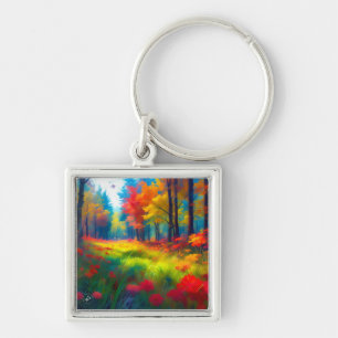 Forest with Colourful Trees And Flowers Keychain