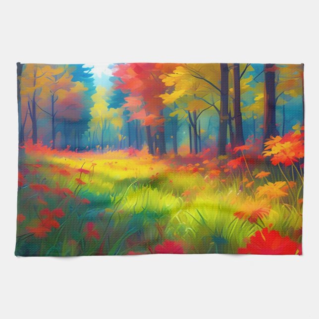 Forest with Colourful Trees And Flowers Kitchen Towel (Horizontal)