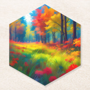 Forest with Colourful Trees And Flowers Paper Coaster