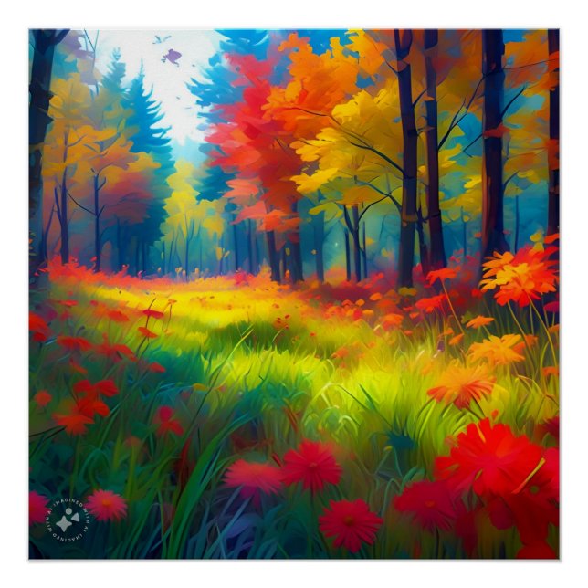 Forest with Colourful Trees And Flowers Poster (Front)