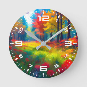 Forest with Colourful Trees And Flowers Round Clock