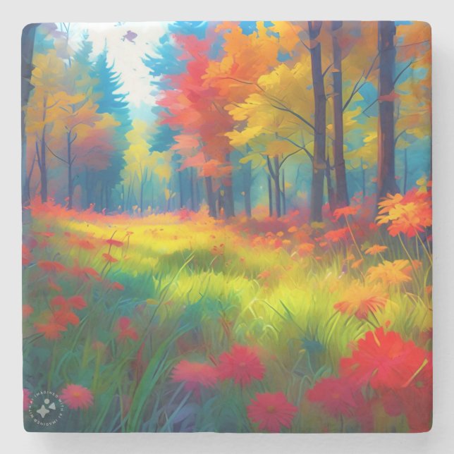 Forest with Colourful Trees And Flowers Stone Coaster (Front)