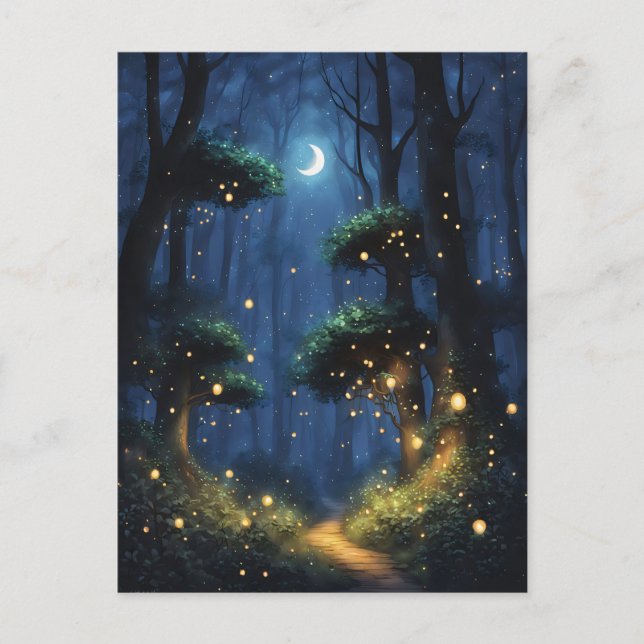 Forest with Firefly Lights and Crescent Moon Postcard (Front)