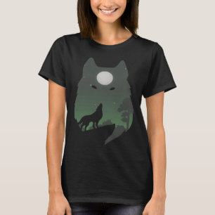 Forest with Full Moon Silhouette Howling Wolf T-Shirt