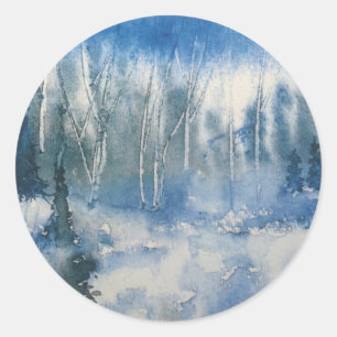 Forest with Trees in Blue and White Classic Round Sticker