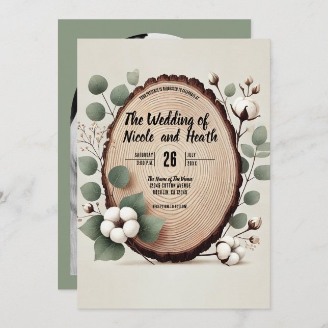 Forest Wood Eucalyptus & Cotton Rustic Wedding Invitation (Front/Back)
