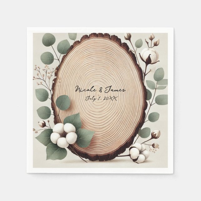 Forest Wood Eucalyptus & Cotton Rustic Wedding Napkin (Front)