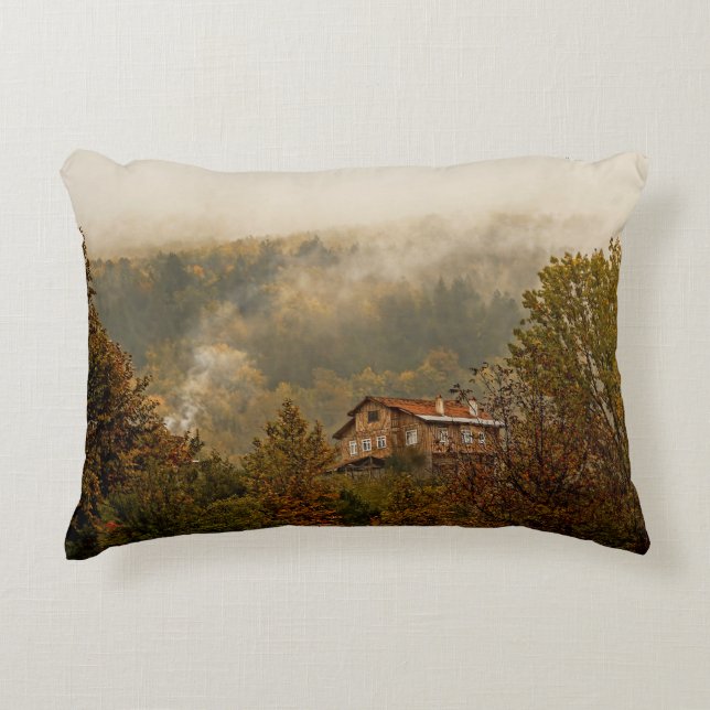 Forest Wooden House: Tranquil Scene Accent Pillow (Front)
