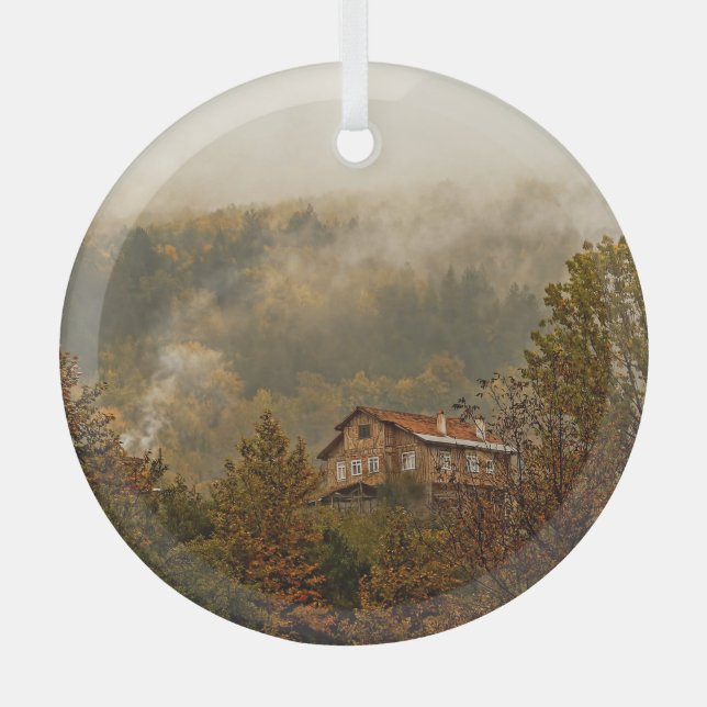 Forest Wooden House: Tranquil Scene Glass Ornament (Front)