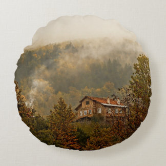 Forest Wooden House: Tranquil Scene Round Pillow