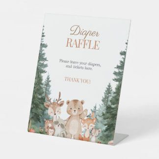 Forest Woodland Animals Baby Shower Diaper Raffle Pedestal Sign