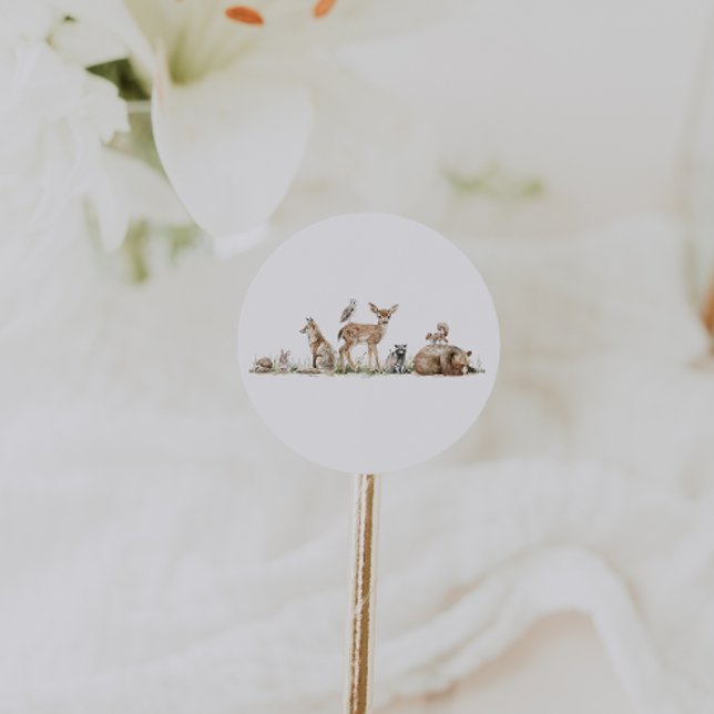 Forest Woodland Animals Baby Shower Favour Classic Round Sticker (Creator Uploaded)