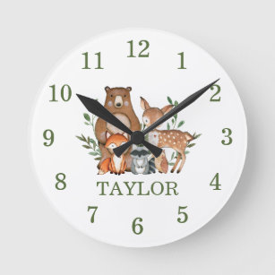 Forest Woodland Animals Bear Deer Fox Owl Numeral Round Clock
