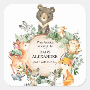Forest Woodland Animals Boy Baby Shower Bookplate Square Sticker