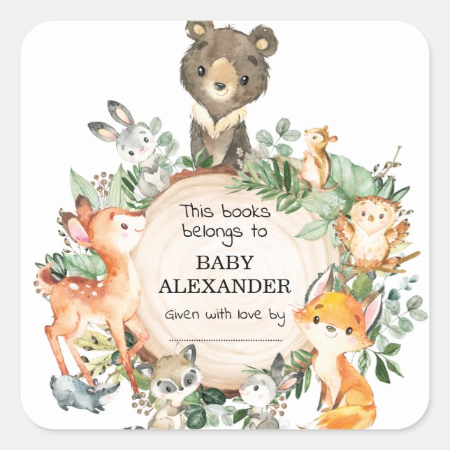 Forest Woodland Animals Boy Baby Shower Bookplate Square Sticker (Front)