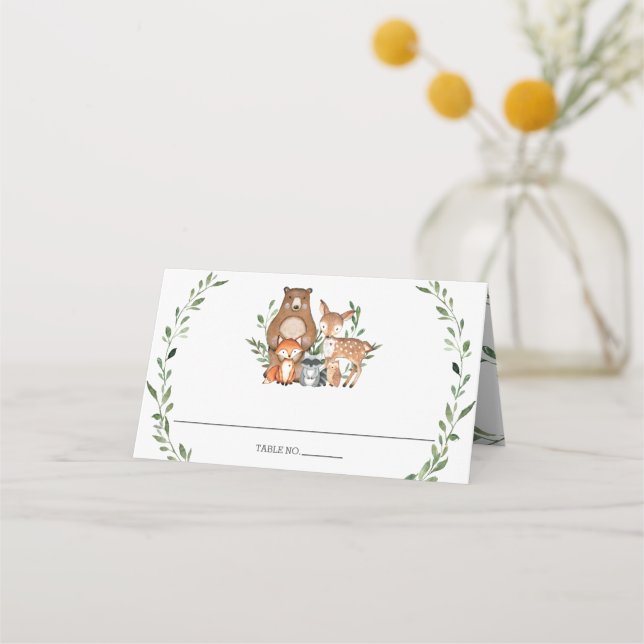 Forest Woodland Animals Greenery Baby Shower Tent  Place Card (Front)