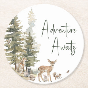 Forest Woodland Animals We Can Bearly Wait Round Paper Coaster