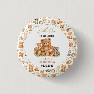 Forest Woodland Animals Wild One 1st Birthday 1 Inch Round Button