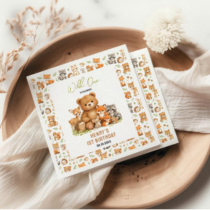 Forest Woodland Animals Wild One 1st Birthday Napkin