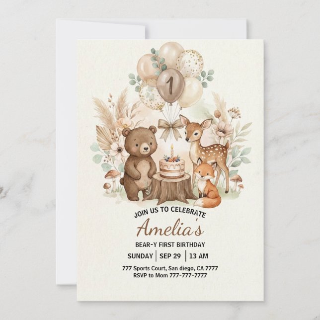Forest Woodland Animals Wild One Birthday Invitation (Front)