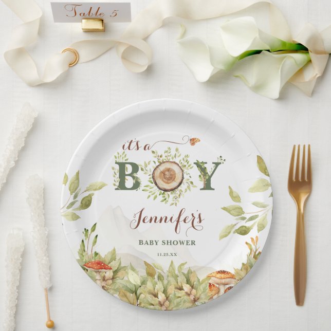 Forest Woodland Baby Shower Mushrooms Greenery Paper Plate (Wedding)