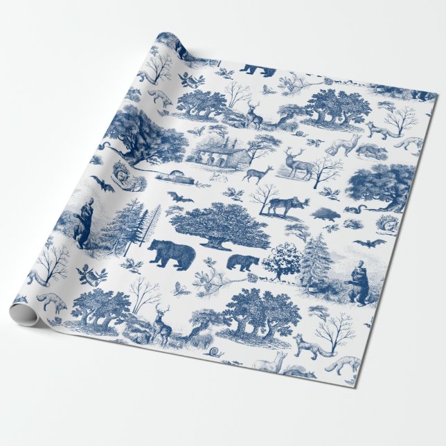 Forest Woodland Bear Blue and White Toile Gift Wrapping Paper (Unrolled)