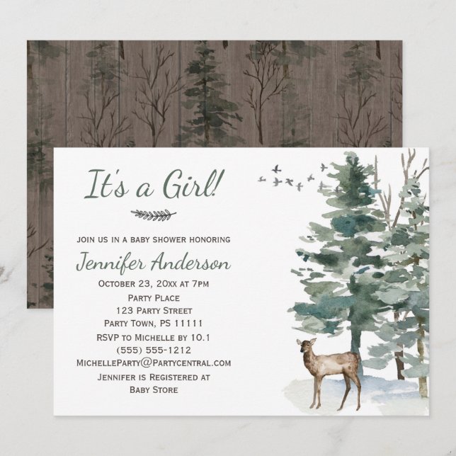 Forest Woodland Country Deer Doe Girl Baby Shower Invitation (Front/Back)