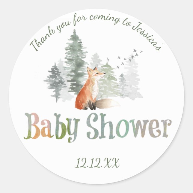 Forest Woodland Fox Baby Shower Classic Round Sticker (Front)