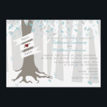Forest / Woodland Winter Snow Wedding Invitation<br><div class="desc">A winter wedding invitation featuring an illustration of a tree in the forest. Tree has blue and silver leaves, exposed roots, and a trunk wrapped with banner that can be customized with bride & groom's names. Ground and background trees are white. Wording is from bride and groom together with their...</div>