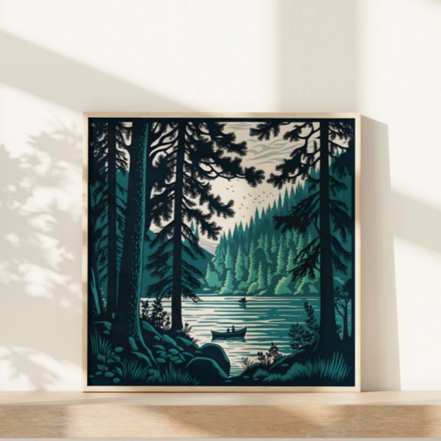 Forest Woods Nature Landscape Vintage Linocut Poster (A small print perfect for small spaces.)