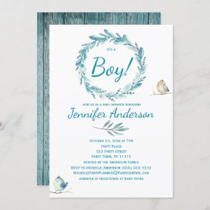 Forest Wreath Bird Rustic Country Boy Baby Shower Invitation