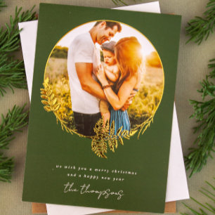 Forest Wreath Merry Christmas Gold Foil Photo Holiday Card