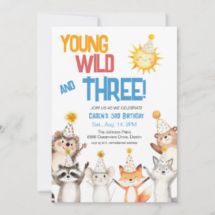 Forest Zoo Animals Party Hats 3rd Birthday Invitation