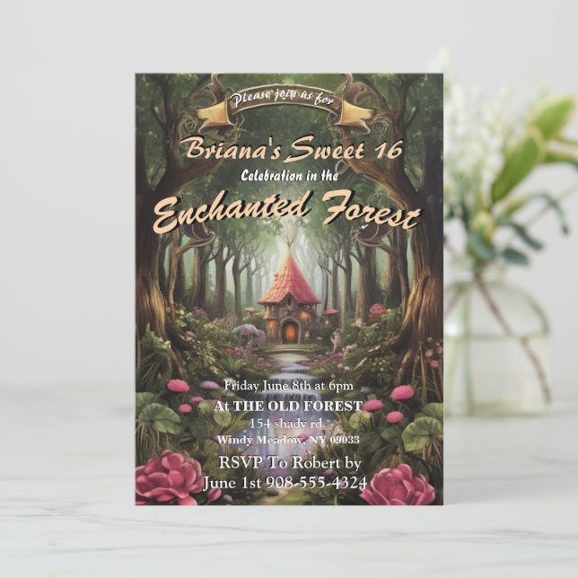 Forêt Enchantée Maison de Fée Sweet 16 Invitations (Debout devant)