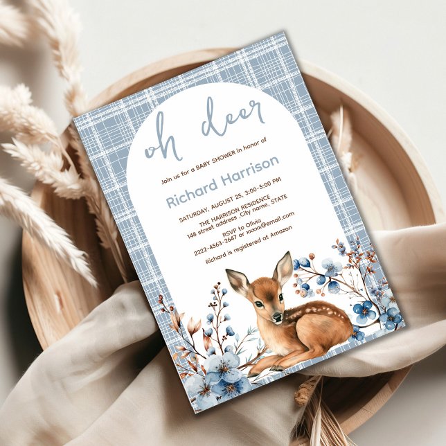 Forêt rustique Oh cerf mignon invitation baby show (Oh deer rustic blue florals with cute forest deer baby shower invitation, gender neutral, woodland )