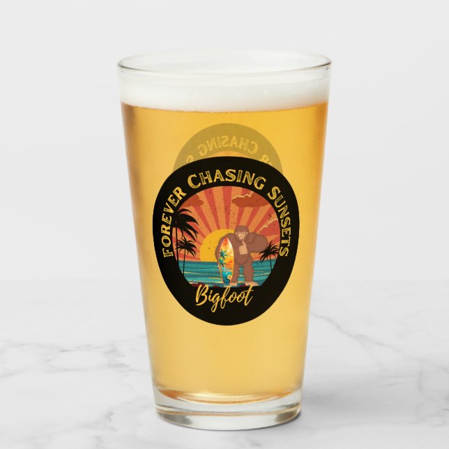 Forever Chasing Sunsets Bigfoot Surfing Beer Glass (Back Filled)