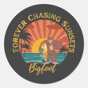 Forever Chasing Sunsets Bigfoot Surfing Black Classic Round Sticker