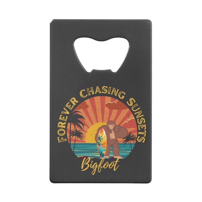 Forever Chasing Sunsets Bigfoot Surfing Black Credit Card Bottle Opener (Front)