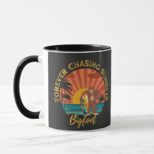 Forever Chasing Sunsets Bigfoot Surfing Black Mug